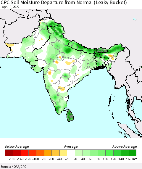 Southern Asia CPC Calculated Soil Moisture Anomaly (Leaky Bucket) Thematic Map For 4/6/2022 - 4/10/2022