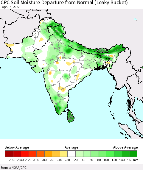 Southern Asia CPC Calculated Soil Moisture Anomaly (Leaky Bucket) Thematic Map For 4/11/2022 - 4/15/2022