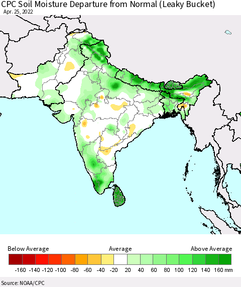 Southern Asia CPC Calculated Soil Moisture Anomaly (Leaky Bucket) Thematic Map For 4/21/2022 - 4/25/2022