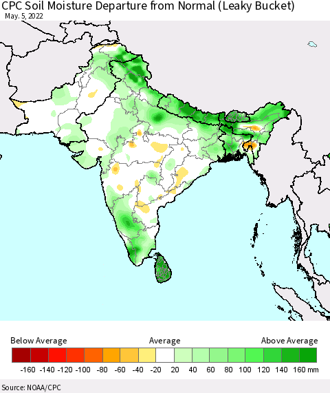 Southern Asia CPC Calculated Soil Moisture Anomaly (Leaky Bucket) Thematic Map For 5/1/2022 - 5/5/2022