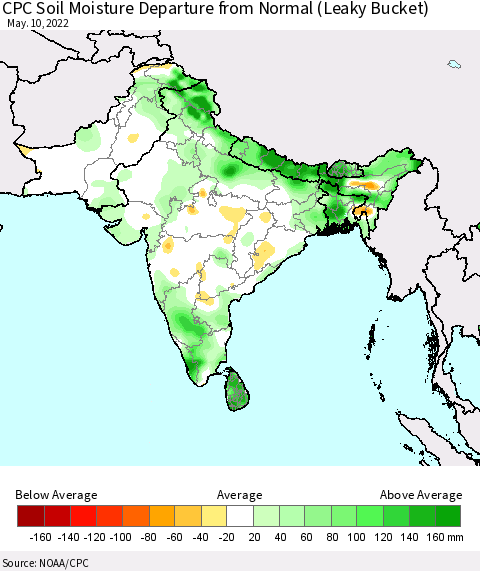 Southern Asia CPC Soil Moisture Anomaly (Leaky Bucket) Thematic Map For 5/6/2022 - 5/10/2022