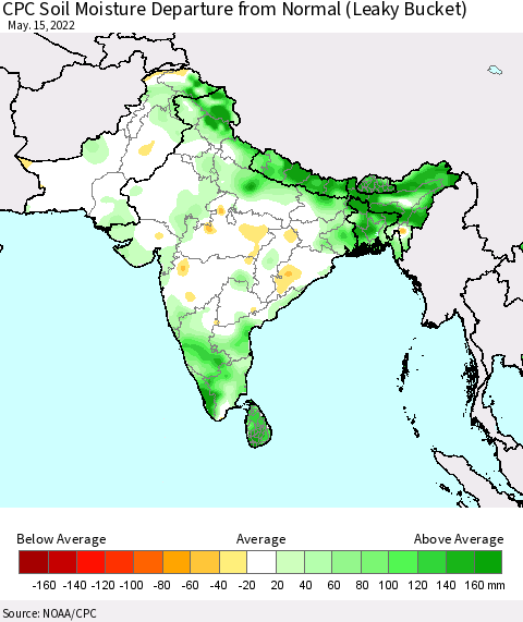Southern Asia CPC Soil Moisture Departure from Normal (Leaky Bucket) Thematic Map For 5/11/2022 - 5/15/2022