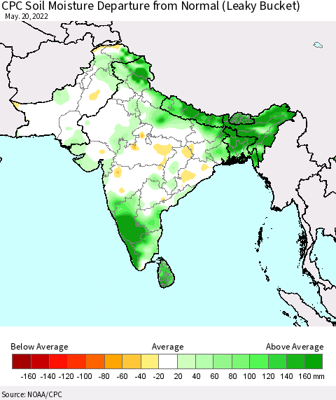 Southern Asia CPC Calculated Soil Moisture Anomaly (Leaky Bucket) Thematic Map For 5/16/2022 - 5/20/2022