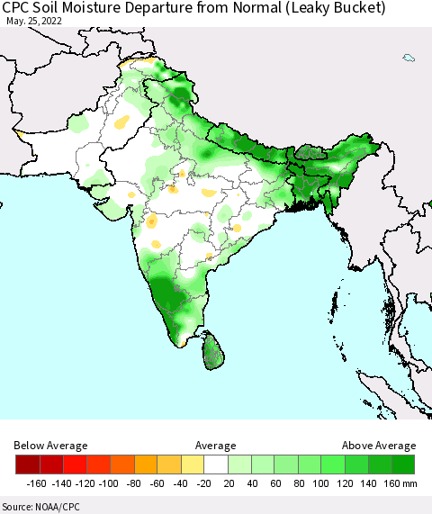 Southern Asia CPC Calculated Soil Moisture Anomaly (Leaky Bucket) Thematic Map For 5/21/2022 - 5/25/2022