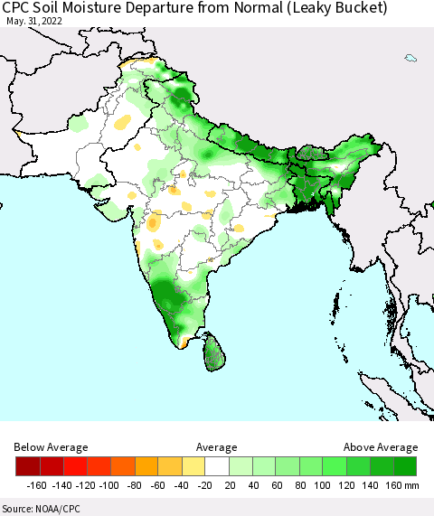 Southern Asia CPC Soil Moisture Departure from Normal (Leaky Bucket) Thematic Map For 5/26/2022 - 5/31/2022