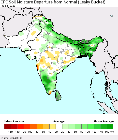 Southern Asia CPC Calculated Soil Moisture Anomaly (Leaky Bucket) Thematic Map For 6/1/2022 - 6/5/2022