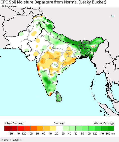 Southern Asia CPC Calculated Soil Moisture Anomaly (Leaky Bucket) Thematic Map For 6/6/2022 - 6/10/2022
