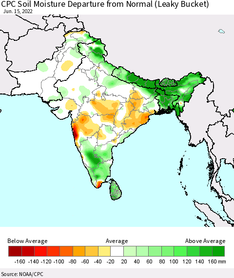 Southern Asia CPC Soil Moisture Departure from Normal (Leaky Bucket) Thematic Map For 6/11/2022 - 6/15/2022