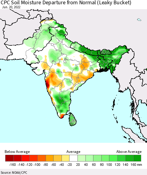 Southern Asia CPC Calculated Soil Moisture Anomaly (Leaky Bucket) Thematic Map For 6/16/2022 - 6/20/2022