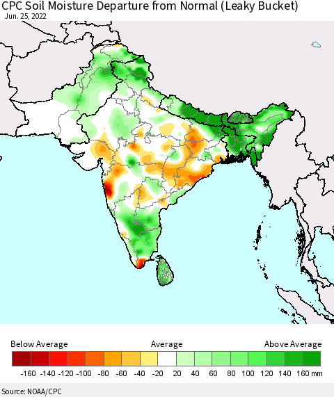 Southern Asia CPC Soil Moisture Departure from Normal (Leaky Bucket) Thematic Map For 6/21/2022 - 6/25/2022