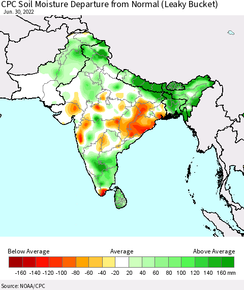 Southern Asia CPC Calculated Soil Moisture Anomaly (Leaky Bucket) Thematic Map For 6/26/2022 - 6/30/2022
