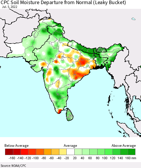 Southern Asia CPC Calculated Soil Moisture Anomaly (Leaky Bucket) Thematic Map For 7/1/2022 - 7/5/2022