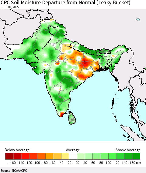 Southern Asia CPC Calculated Soil Moisture Anomaly (Leaky Bucket) Thematic Map For 7/6/2022 - 7/10/2022