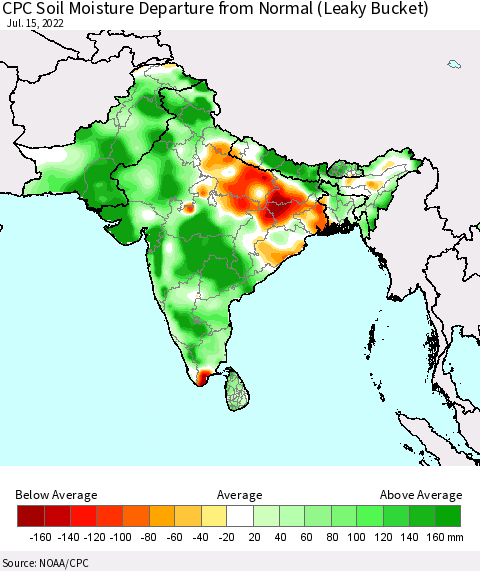 Southern Asia CPC Soil Moisture Departure from Normal (Leaky Bucket) Thematic Map For 7/11/2022 - 7/15/2022