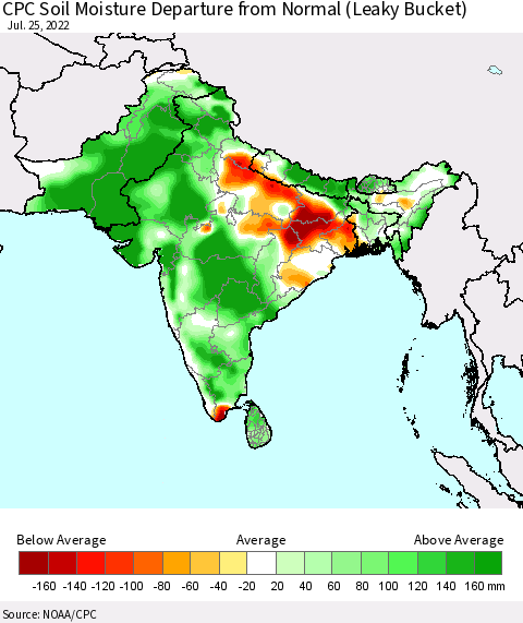 Southern Asia CPC Soil Moisture Anomaly (Leaky Bucket) Thematic Map For 7/21/2022 - 7/25/2022
