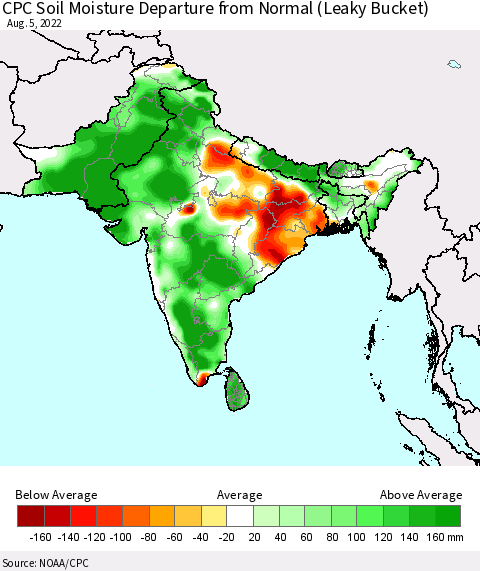 Southern Asia CPC Soil Moisture Anomaly (Leaky Bucket) Thematic Map For 8/1/2022 - 8/5/2022