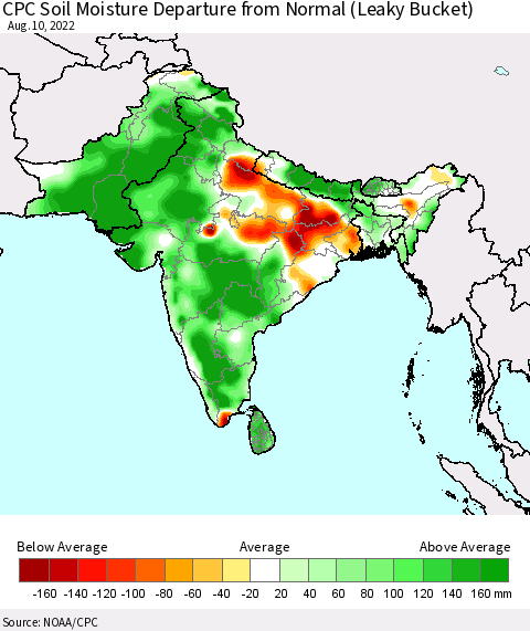 Southern Asia CPC Soil Moisture Departure from Normal (Leaky Bucket) Thematic Map For 8/6/2022 - 8/10/2022