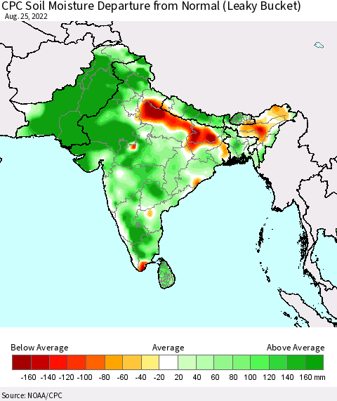 Southern Asia CPC Calculated Soil Moisture Anomaly (Leaky Bucket) Thematic Map For 8/21/2022 - 8/25/2022