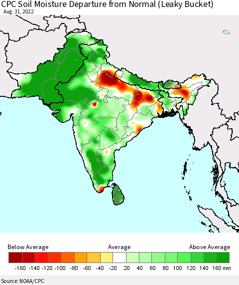 Southern Asia CPC Soil Moisture Anomaly (Leaky Bucket) Thematic Map For 8/26/2022 - 8/31/2022