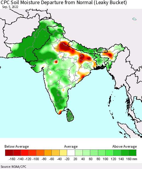 Southern Asia CPC Soil Moisture Departure from Normal (Leaky Bucket) Thematic Map For 9/1/2022 - 9/5/2022
