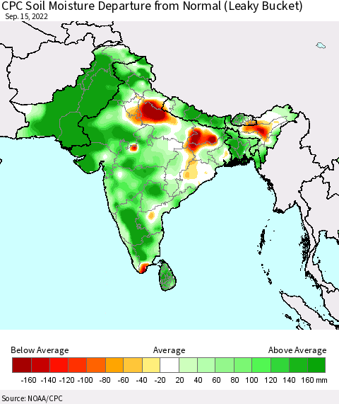 Southern Asia CPC Calculated Soil Moisture Anomaly (Leaky Bucket) Thematic Map For 9/11/2022 - 9/15/2022