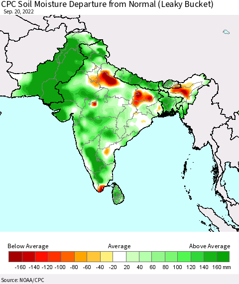Southern Asia CPC Calculated Soil Moisture Anomaly (Leaky Bucket) Thematic Map For 9/16/2022 - 9/20/2022