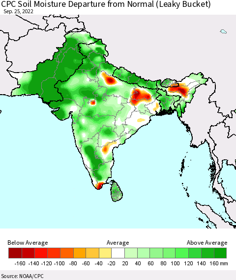 Southern Asia CPC Soil Moisture Departure from Normal (Leaky Bucket) Thematic Map For 9/21/2022 - 9/25/2022