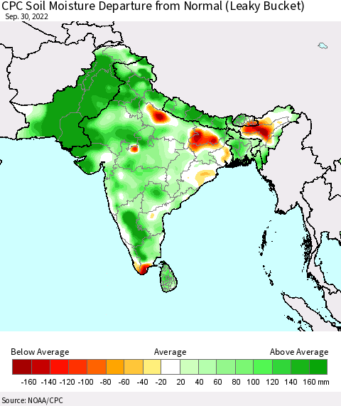 Southern Asia CPC Calculated Soil Moisture Anomaly (Leaky Bucket) Thematic Map For 9/26/2022 - 9/30/2022