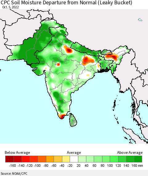 Southern Asia CPC Calculated Soil Moisture Anomaly (Leaky Bucket) Thematic Map For 10/1/2022 - 10/5/2022