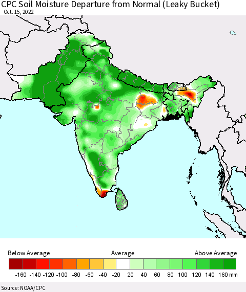 Southern Asia CPC Soil Moisture Departure from Normal (Leaky Bucket) Thematic Map For 10/11/2022 - 10/15/2022