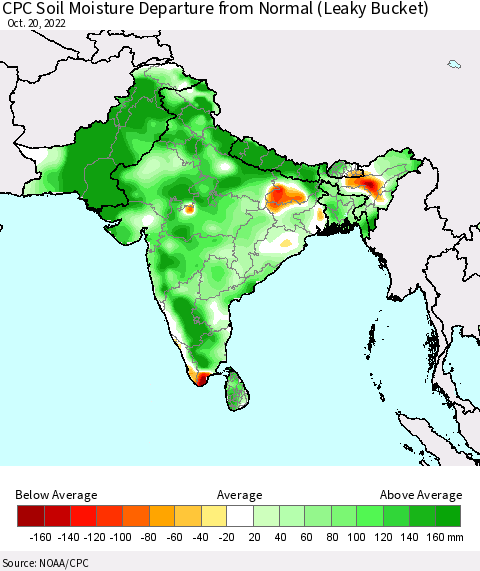 Southern Asia CPC Soil Moisture Departure from Normal (Leaky Bucket) Thematic Map For 10/16/2022 - 10/20/2022
