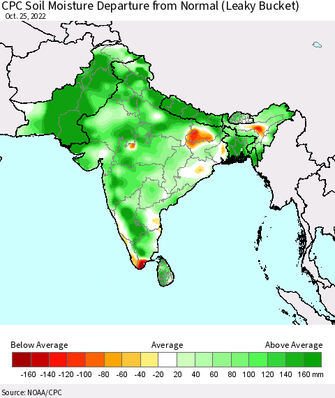 Southern Asia CPC Soil Moisture Anomaly (Leaky Bucket) Thematic Map For 10/21/2022 - 10/25/2022