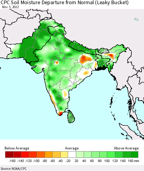 Southern Asia CPC Soil Moisture Departure from Normal (Leaky Bucket) Thematic Map For 11/1/2022 - 11/5/2022