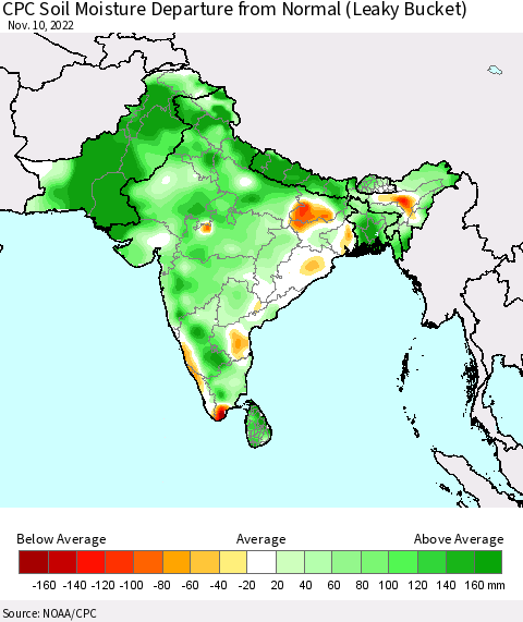 Southern Asia CPC Soil Moisture Departure from Normal (Leaky Bucket) Thematic Map For 11/6/2022 - 11/10/2022