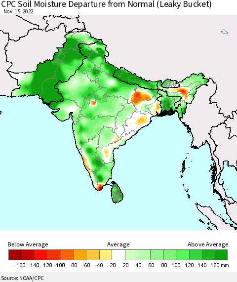 Southern Asia CPC Soil Moisture Departure from Normal (Leaky Bucket) Thematic Map For 11/11/2022 - 11/15/2022