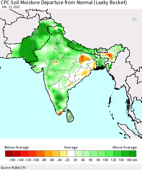 Southern Asia CPC Calculated Soil Moisture Anomaly (Leaky Bucket) Thematic Map For 12/11/2022 - 12/15/2022