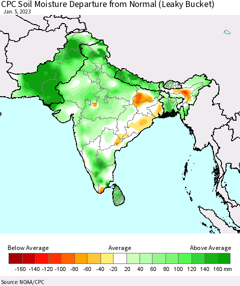 Southern Asia CPC Calculated Soil Moisture Anomaly (Leaky Bucket) Thematic Map For 1/1/2023 - 1/5/2023
