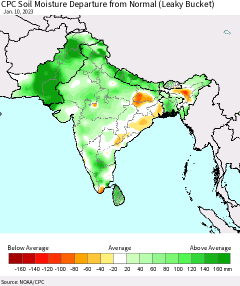 Southern Asia CPC Calculated Soil Moisture Anomaly (Leaky Bucket) Thematic Map For 1/6/2023 - 1/10/2023
