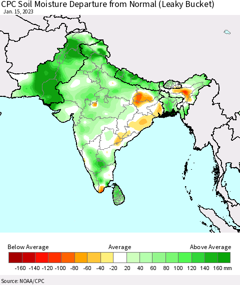Southern Asia CPC Calculated Soil Moisture Anomaly (Leaky Bucket) Thematic Map For 1/11/2023 - 1/15/2023