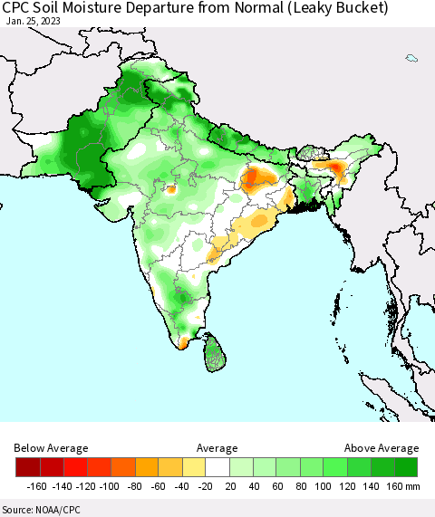 Southern Asia CPC Calculated Soil Moisture Anomaly (Leaky Bucket) Thematic Map For 1/21/2023 - 1/25/2023