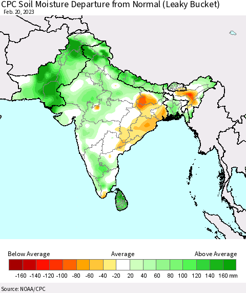 Southern Asia CPC Soil Moisture Departure from Normal (Leaky Bucket) Thematic Map For 2/16/2023 - 2/20/2023