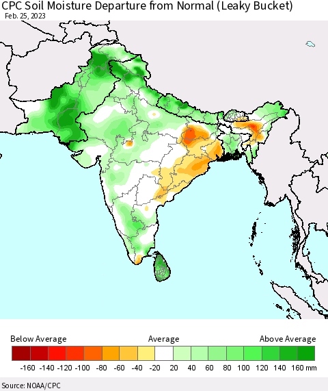 Southern Asia CPC Calculated Soil Moisture Anomaly (Leaky Bucket) Thematic Map For 2/21/2023 - 2/25/2023