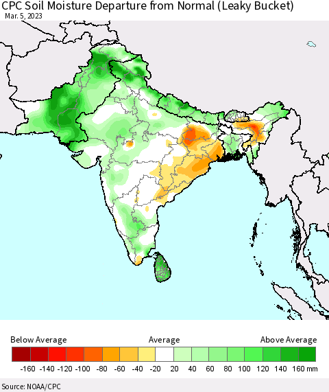 Southern Asia CPC Calculated Soil Moisture Anomaly (Leaky Bucket) Thematic Map For 3/1/2023 - 3/5/2023
