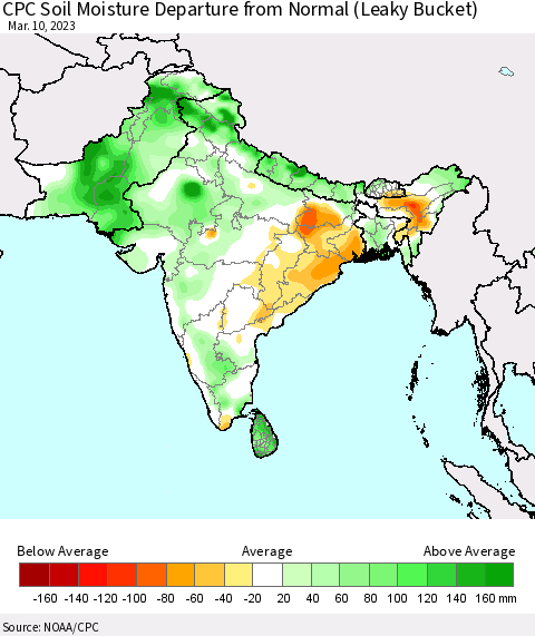 Southern Asia CPC Soil Moisture Departure from Normal (Leaky Bucket) Thematic Map For 3/6/2023 - 3/10/2023