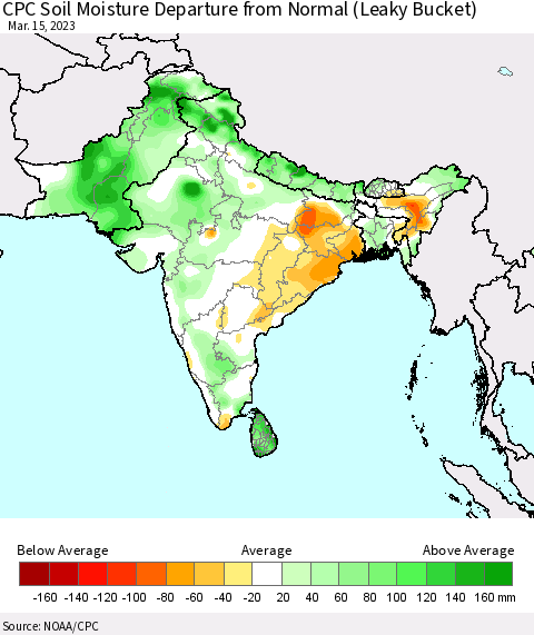 Southern Asia CPC Calculated Soil Moisture Anomaly (Leaky Bucket) Thematic Map For 3/11/2023 - 3/15/2023