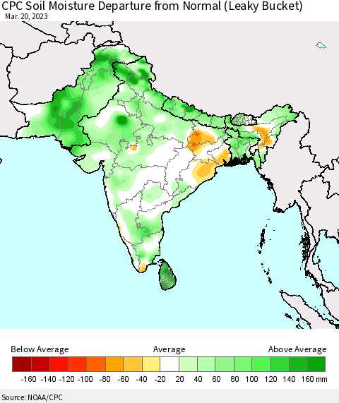 Southern Asia CPC Calculated Soil Moisture Anomaly (Leaky Bucket) Thematic Map For 3/16/2023 - 3/20/2023