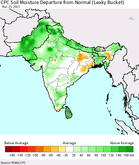 Southern Asia CPC Calculated Soil Moisture Anomaly (Leaky Bucket) Thematic Map For 3/21/2023 - 3/25/2023