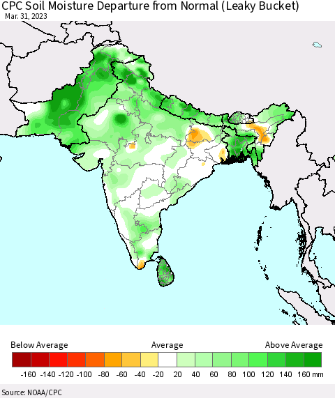 Southern Asia CPC Soil Moisture Departure from Normal (Leaky Bucket) Thematic Map For 3/26/2023 - 3/31/2023