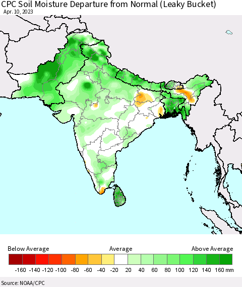 Southern Asia CPC Soil Moisture Departure from Normal (Leaky Bucket) Thematic Map For 4/6/2023 - 4/10/2023