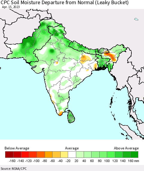 Southern Asia CPC Soil Moisture Departure from Normal (Leaky Bucket) Thematic Map For 4/11/2023 - 4/15/2023